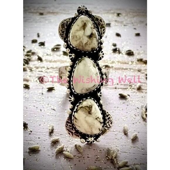 White Buffalo Three Stone Sterling Silver Ring Adjustable Size 5-10 - Picture 1 of 6